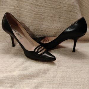 Jimmy Choo Black Pointed Leather Stiletto Pumps with Strappy Detail